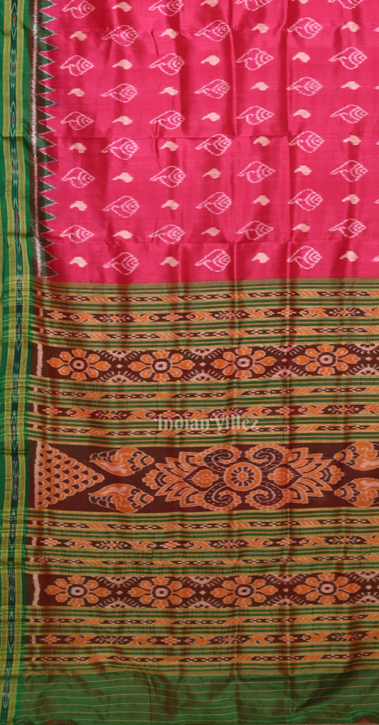 Rani Pink Green Sankha Motif Odisha Ikat Khandua Silk Saree 