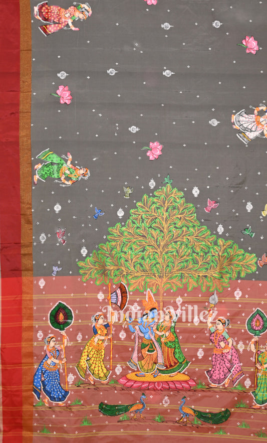 Grey Red Krishna Raasleela Hand-Painted Pattachitra Saree