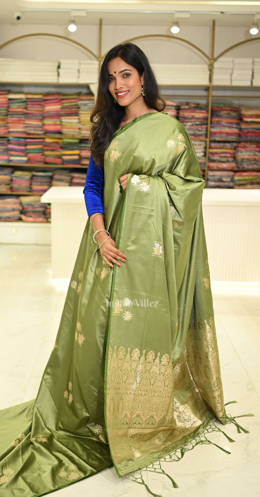 Mehendi Green Mashru Satin Banarasi Silk Saree with Pichwai Motif
