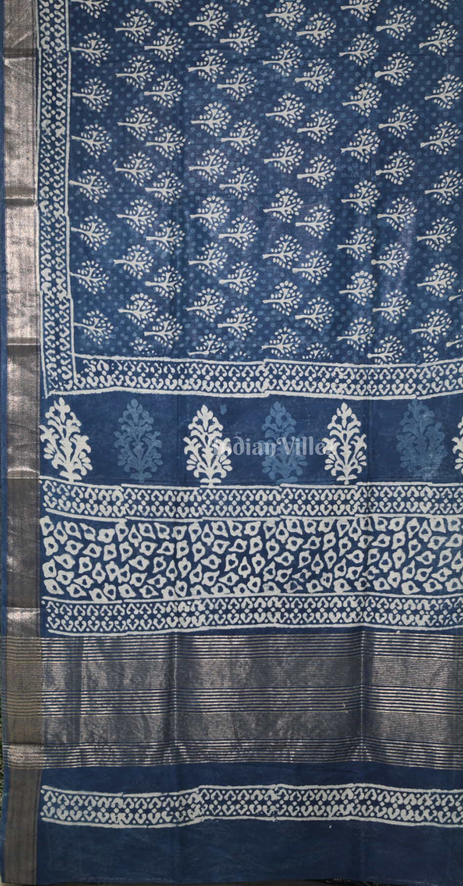 Indigo Blue Block Printed Dabu Cotton Saree 