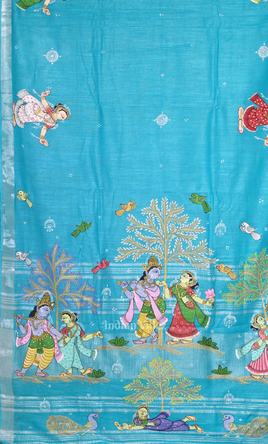  Sky Blue Radha Krishna Raasleela Hand-Painted Pattachitra Saree