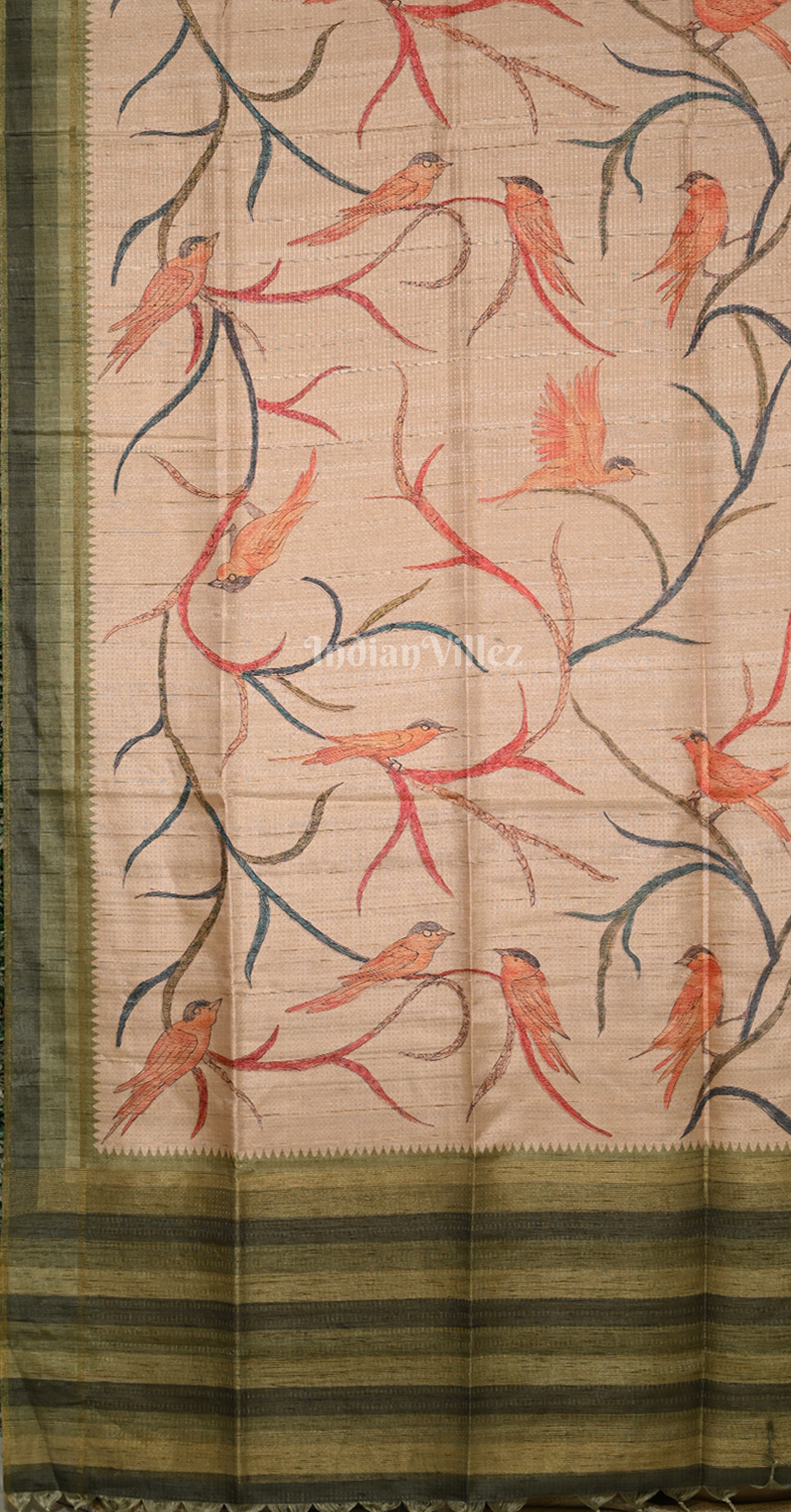 Sandal Green Bird Motif Tussar Silk Saree 