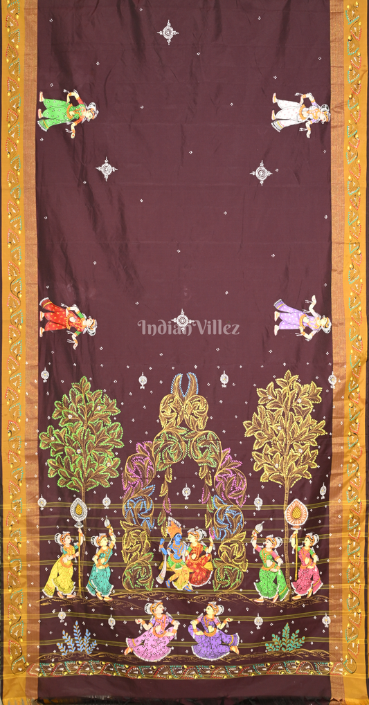 Coffee Mustard Yellow Radha Krishna Doli Theme Hand-Painted Pattachitra Saree