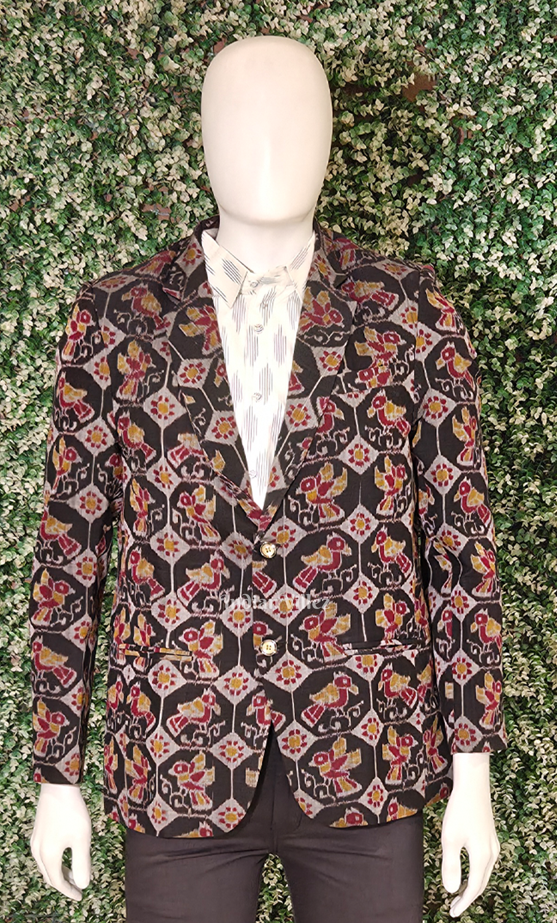 Black Maroon Bird Motif Odisha Ikat Men's Designer Blazer 