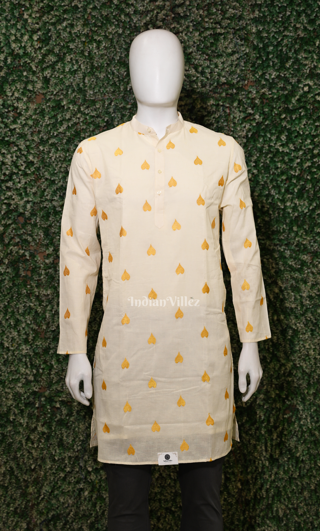 Off White Yellow Thread work leaf shaped motif Odisha Ikat Cotton Kurta for Men 