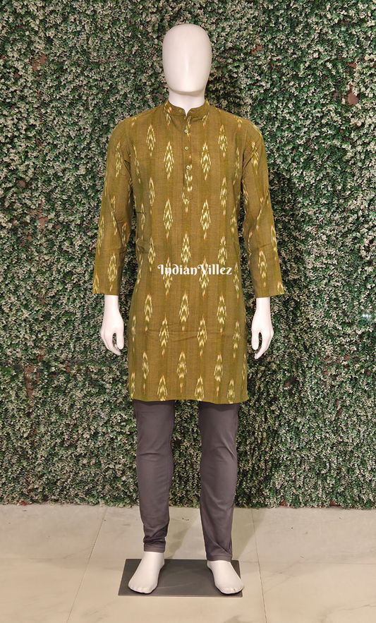 Olive Green Pochampally Ikat Cotton Kurta for Men 