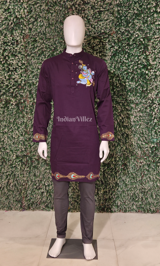 Violet Radha Krishna Murali Theme Hand-Painted Pattachitra Kurta (Cambric Cotton) 