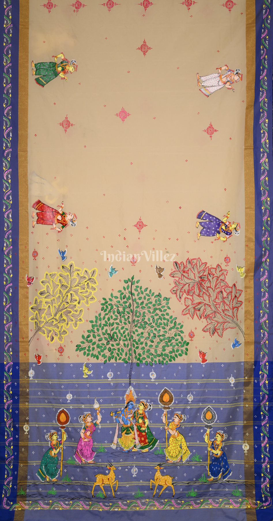 Cream Blue Krishna Raas Leela Hand-Painted Pattachitra Saree