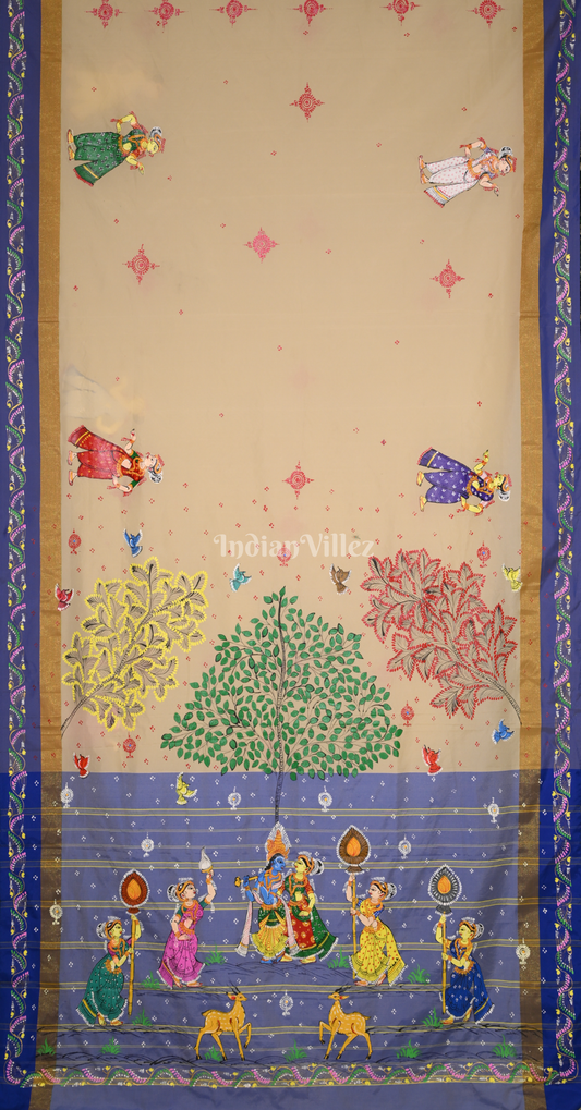 Cream Blue Krishna Raas Leela Hand-Painted Pattachitra Saree