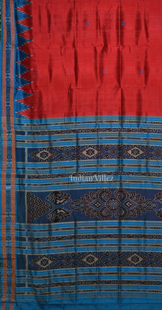 Maroon Sky Blue Buti Design Odisha Ikat Khandua Silk Saree 