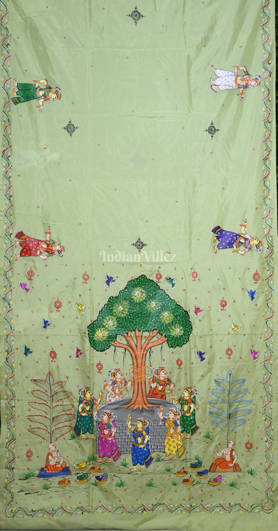 Pista Green Vat Savitri Theme  Hand-Painted Pattachitra Saree 