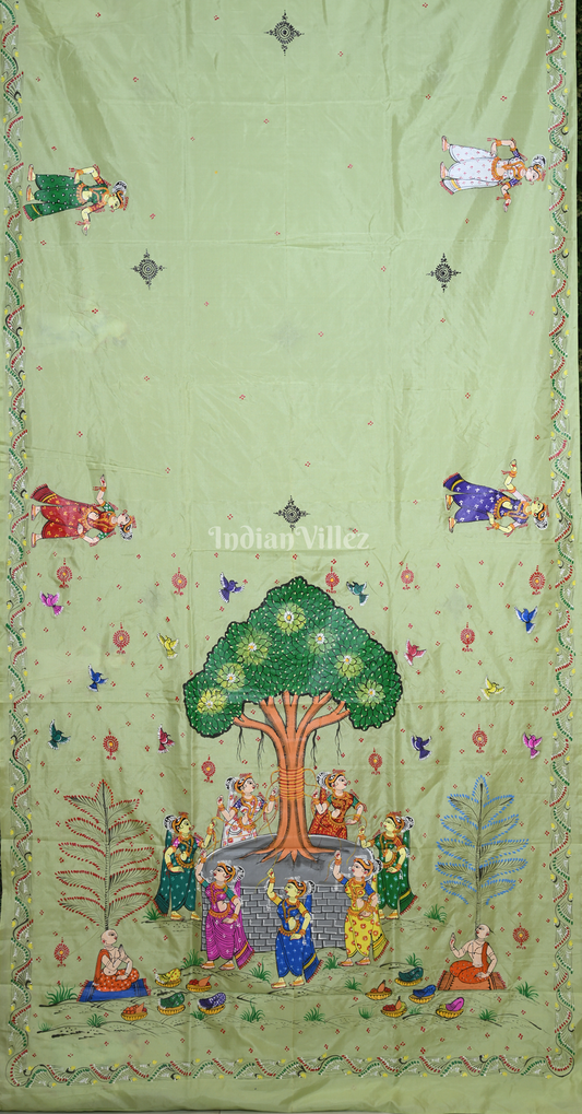 Pista Green Vat Savitri Theme  Hand-Painted Pattachitra Saree 