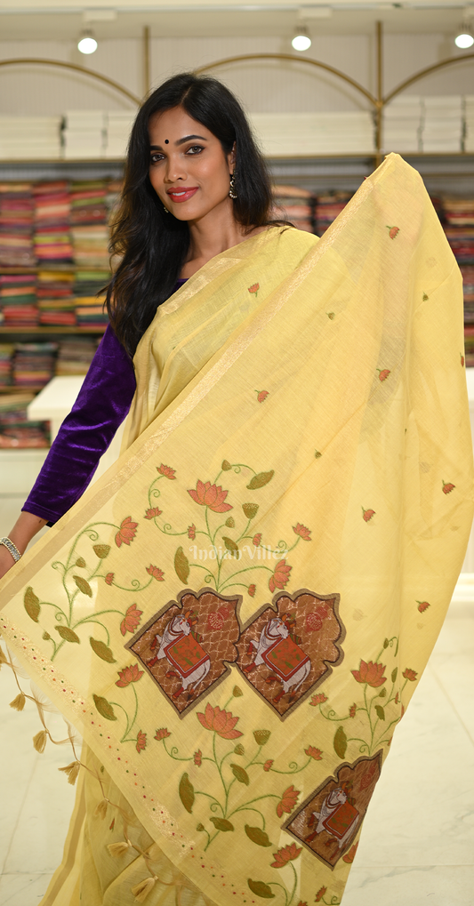 Light Yellow Linen Cotton Pichwai Saree with Zari Border 