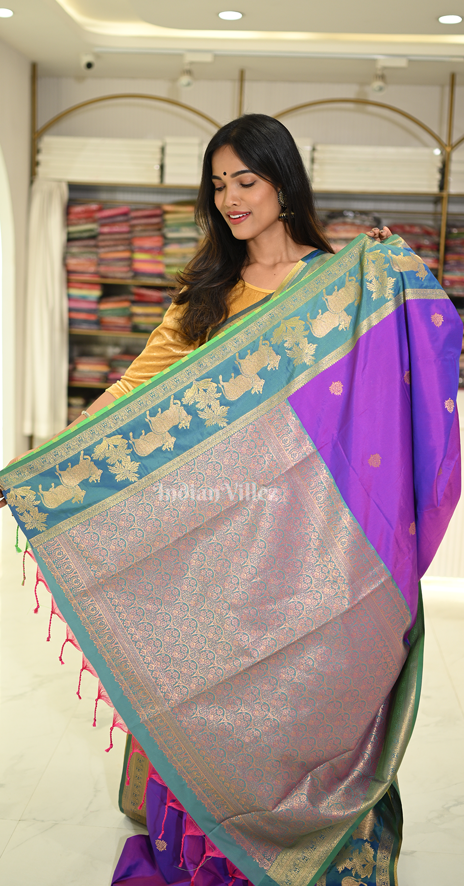 Purple Blue Pichwai Satin Silk Banarasi Saree