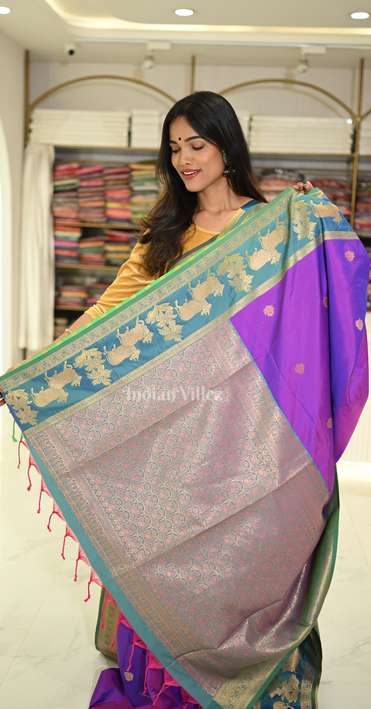 Purple Blue Pichwai Satin Silk Banarasi Saree