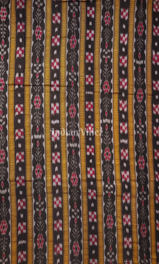 Black Yellow  Pasapali Flower Theme Odisha Ikat Sambalpuri Cotton Fabric 