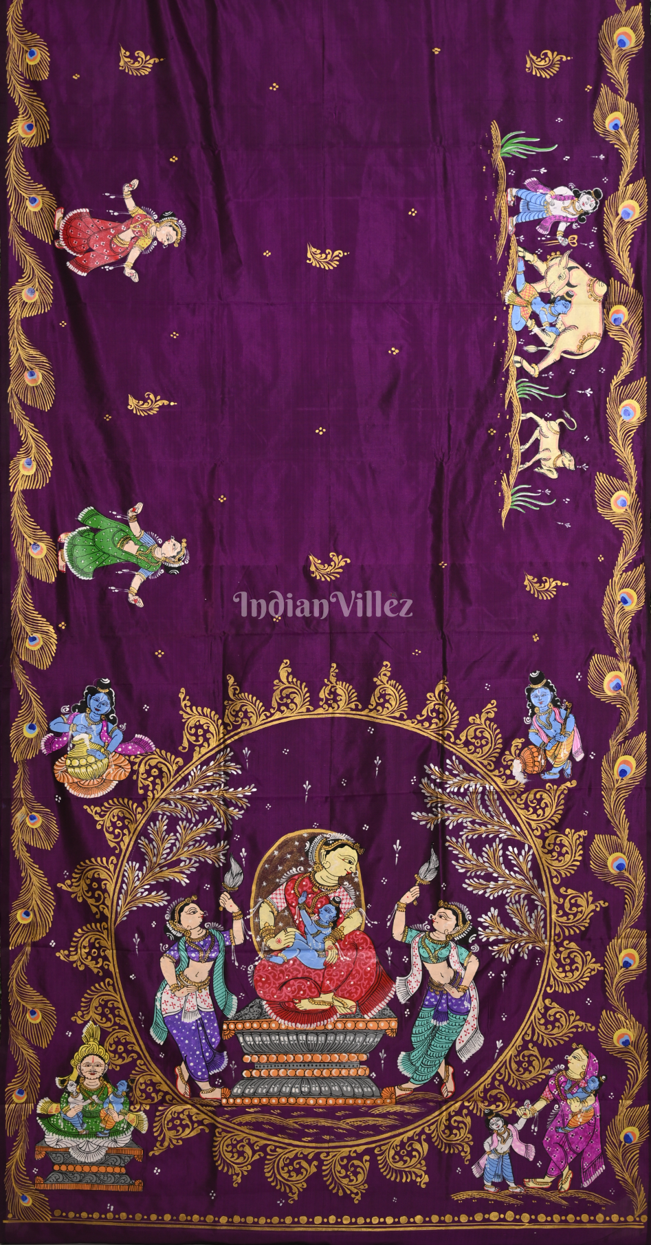 Purple Krishna Janmashtami Theme  Hand-Painted Pattachitra Saree 