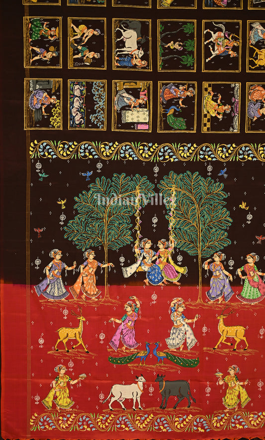Maroon Red Village Theme Hand- Painted Pattachitra Saree