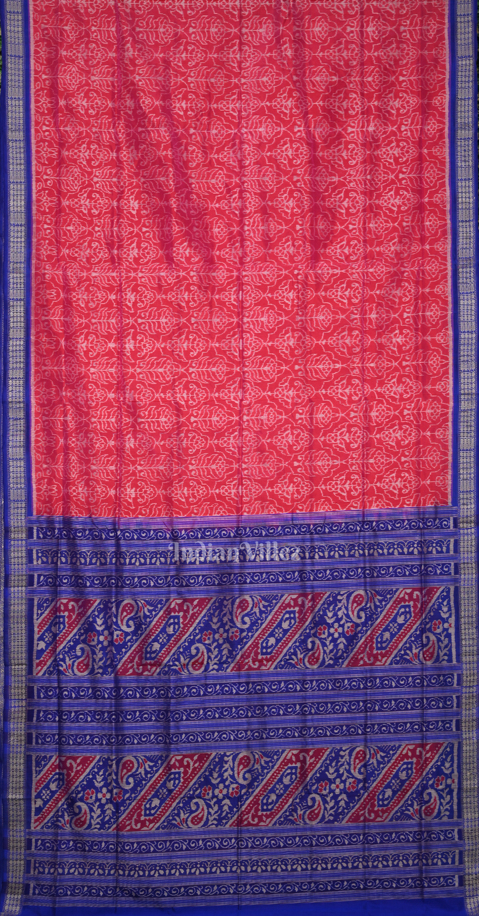 Red Blue Tree of Life Motif Odisha Ikat Sambalpuri Silk Saree
