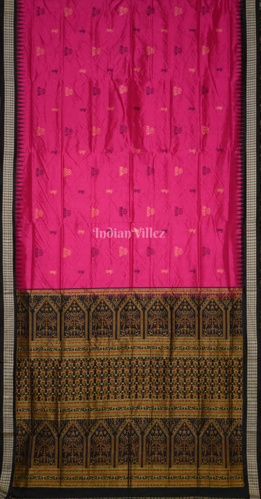 Rani Pink Black Tribal Theme Odisha Ikat Bomkai Sambalpuri Silk Saree