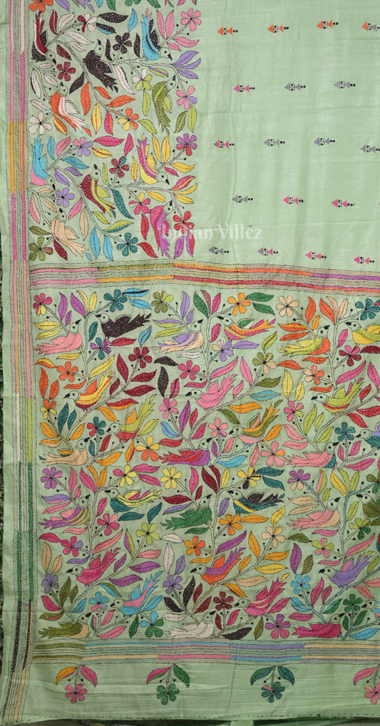 Pista Green Flower Bird Motif Handwoven Kantha Stitch Silk Saree 