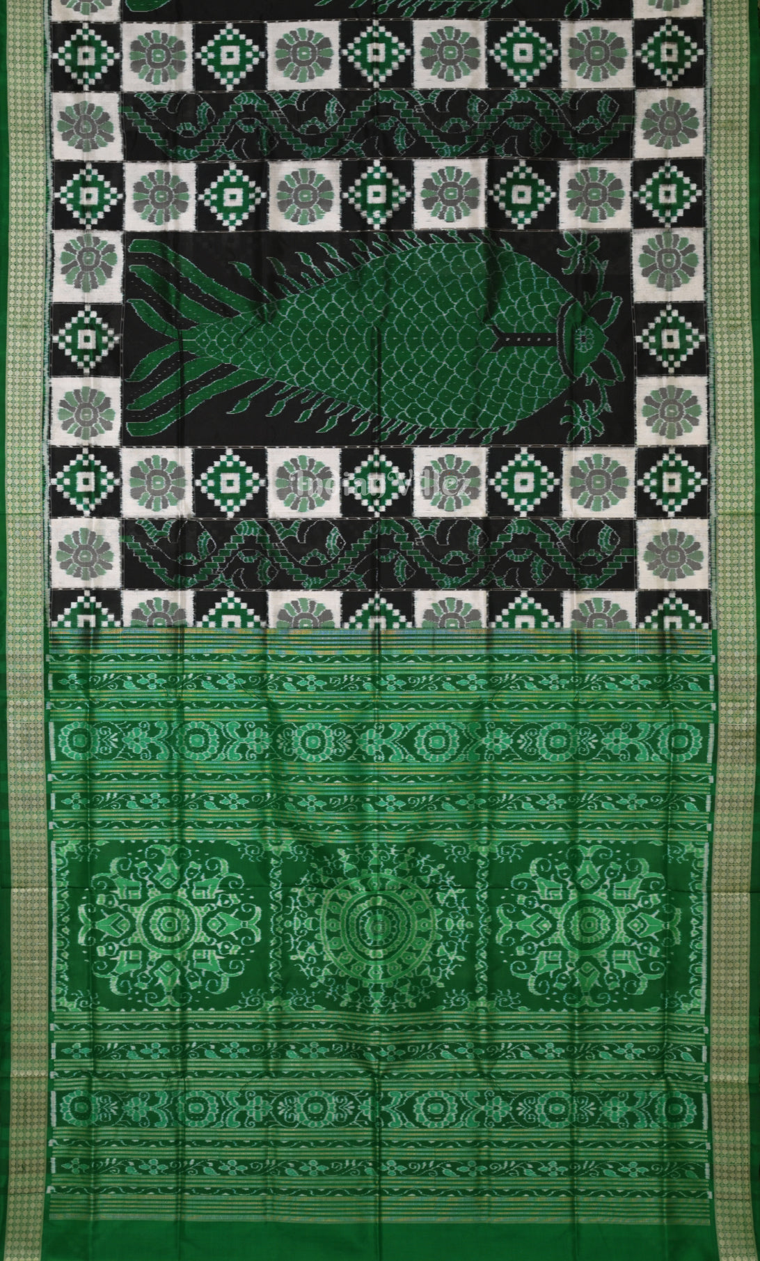 Black Green Fish Motif Odisha Ikat Sambalpuri Silk Saree