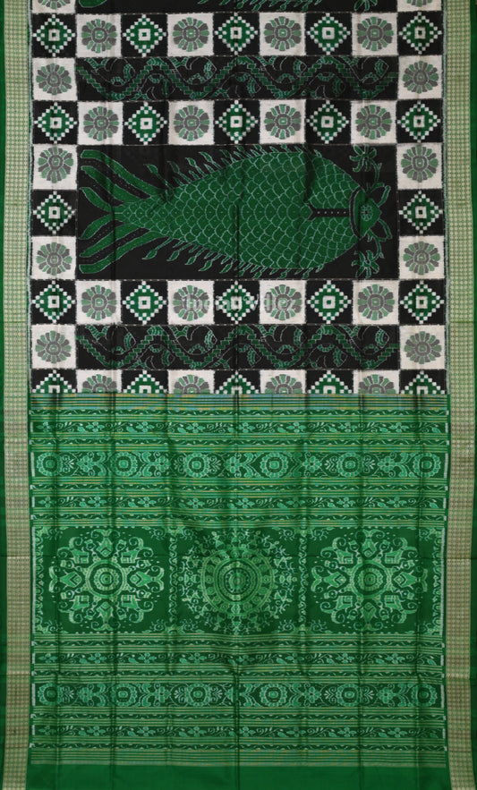 Black Green Fish Motif Odisha Ikat Sambalpuri Silk Saree