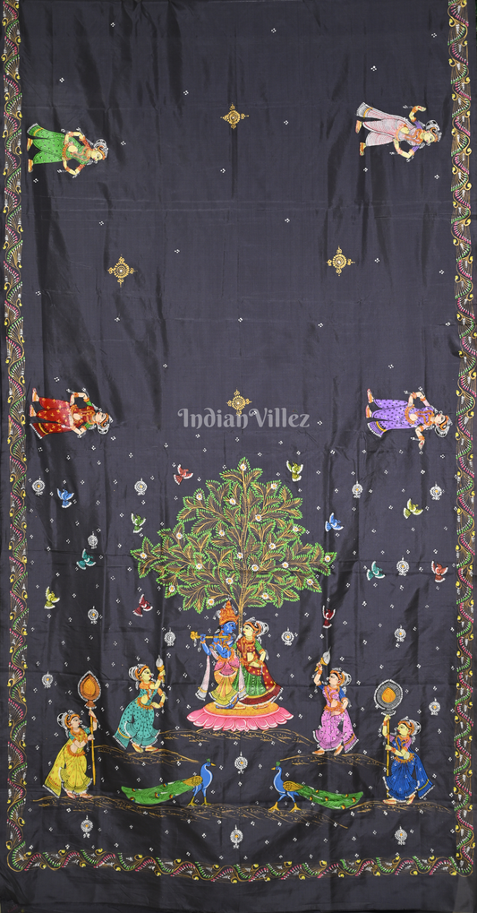 Grey Radha  Krishna Rasa Leela Hand-Painted Pattachitra Silk Saree