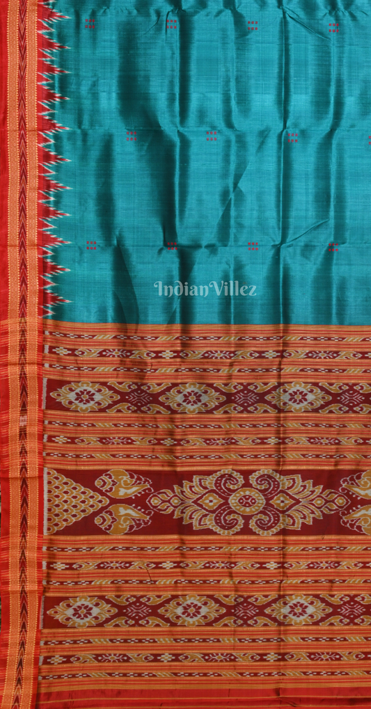 Teal Blue Red Buti Design Odisha Ikat Khandua Silk Saree 