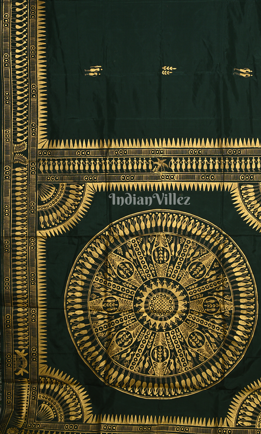 Bottle Green Tribal Konark Chakra Hand-Painted Pattachitra Saree 