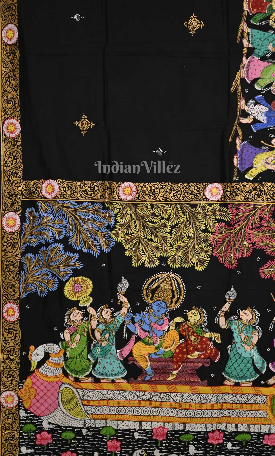 Black Radha Krishna Boita  Bandana Hand-Painted Pattachitra Saree 