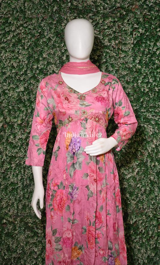 Baby Pink Floral Embroidered Alia Cut Kurta Plazzoo with Dupatta set 