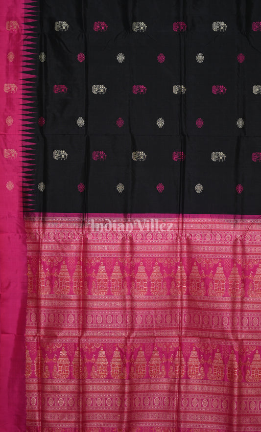 Black Pink Odisha Ikat Bomkai Sambalpuri Silk Saree 