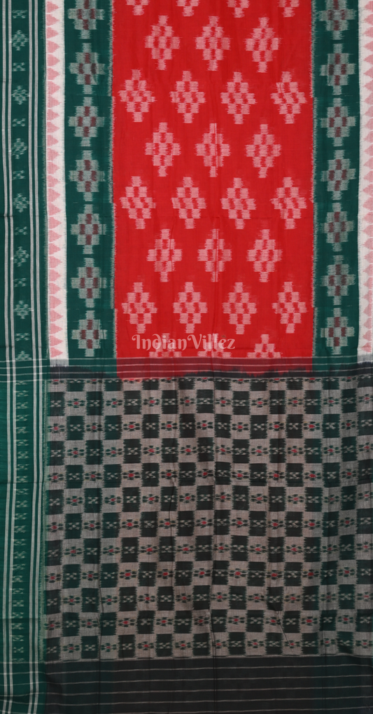 Red Green Pasapali Scot Odisha Ikat Sambalpuri Cotton Saree 