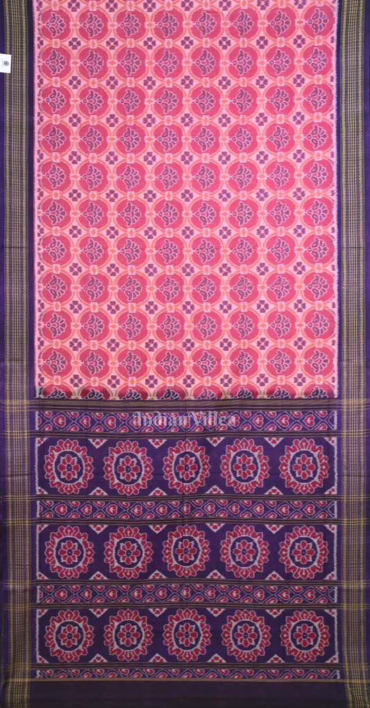 Peach Pink Purple  Floral Motif Odisha Ikat Sambalpuri Cotton Saree 