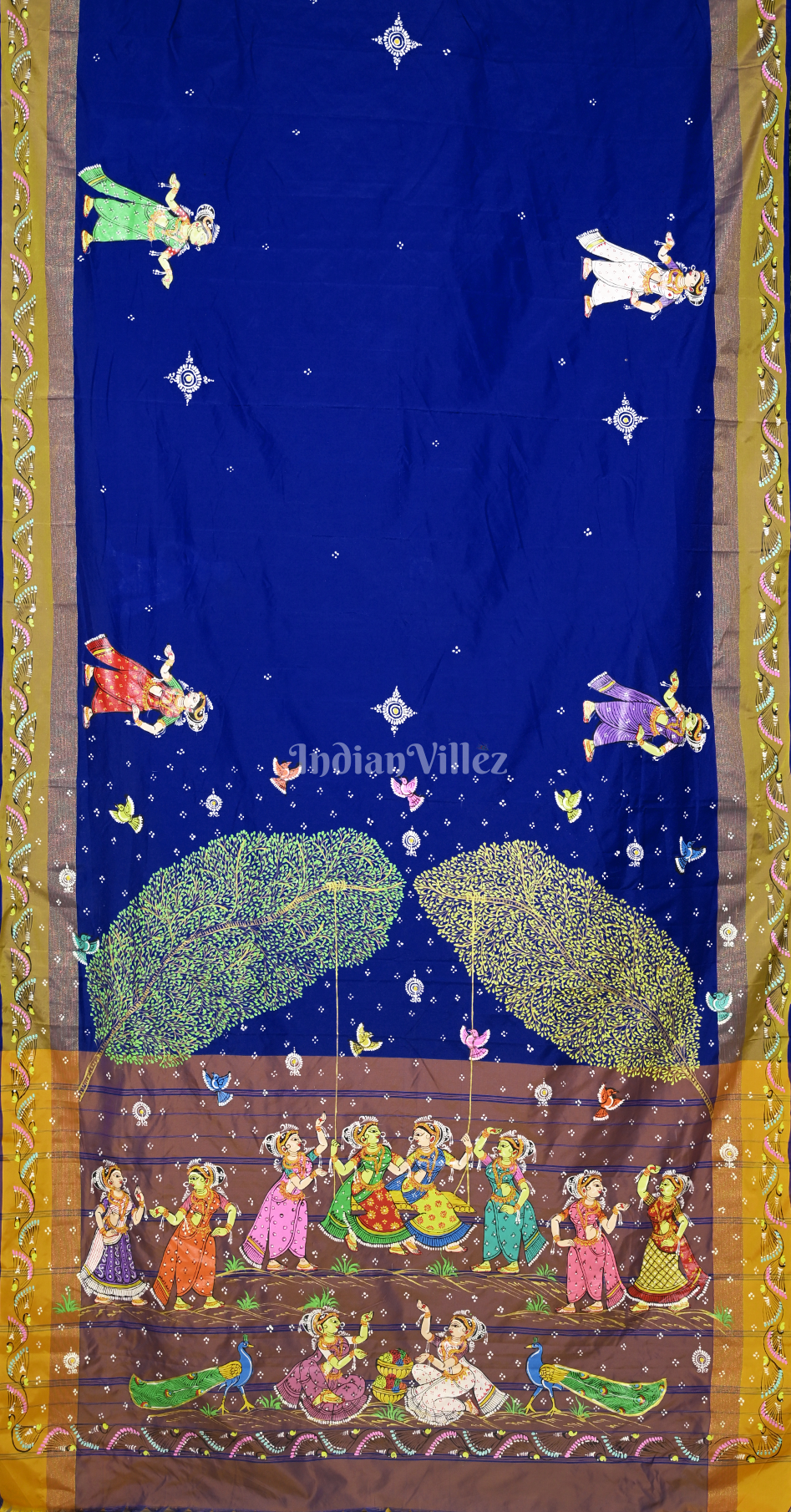 Blue Brown Raja Doli Theme Hand-Painted Pattachitra Saree