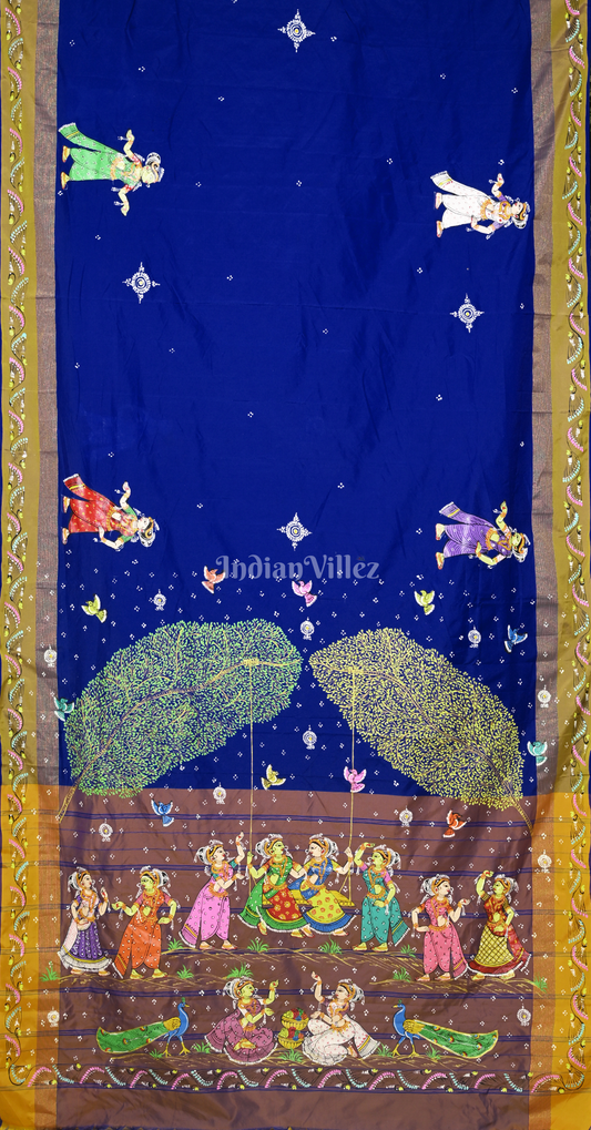 Blue Brown Raja Doli Theme Hand-Painted Pattachitra Saree