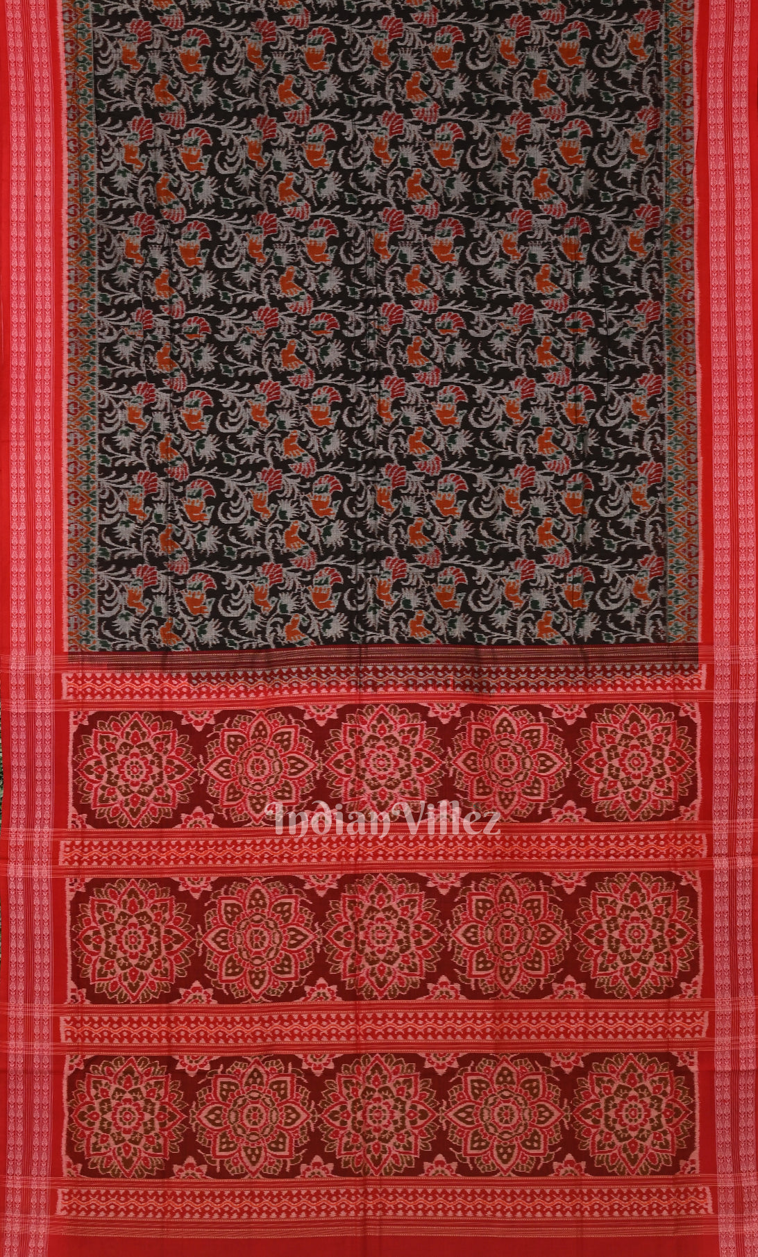 Black Red Odisha Ikat Sambalpuri Cotton Saree 