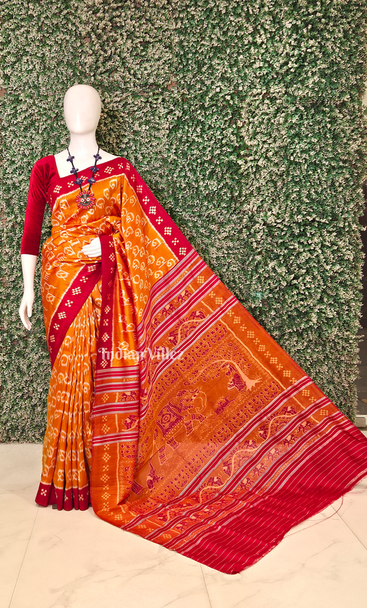 Orange Red Odia Barnamala Odisha Ikat Contemporary Designer Silk Saree