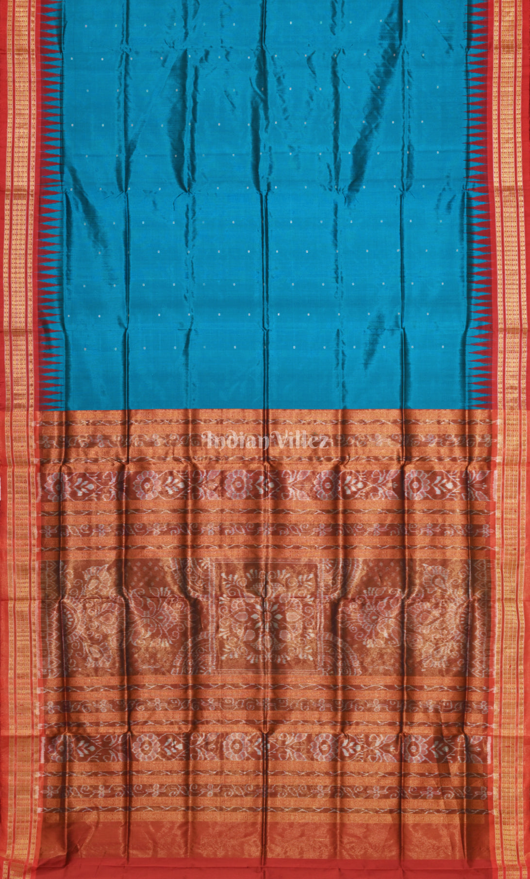 Peacock Blue Red Buti Odisha Ikat Bomkai Half Tissue Silk Saree