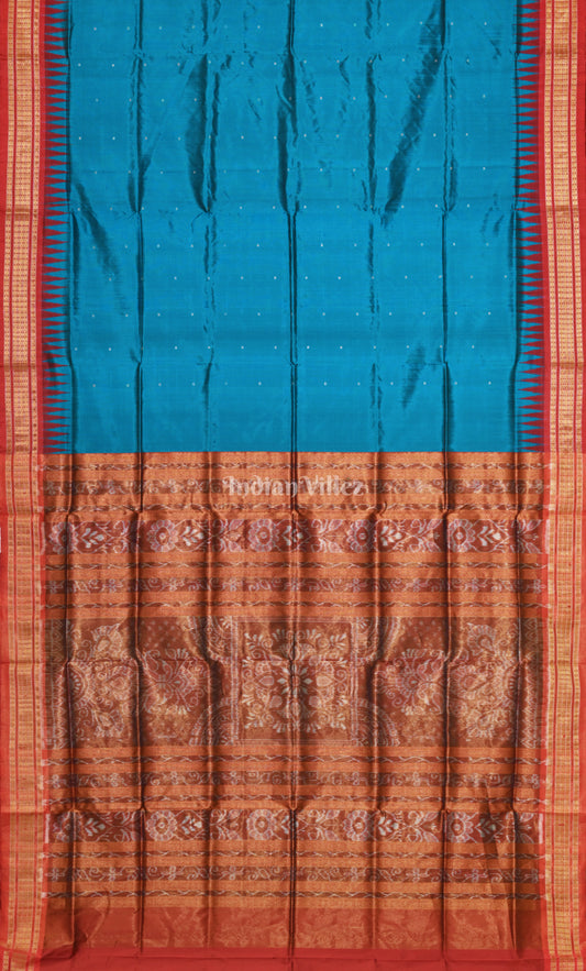 Peacock Blue Red Buti Odisha Ikat Bomkai Half Tissue Silk Saree