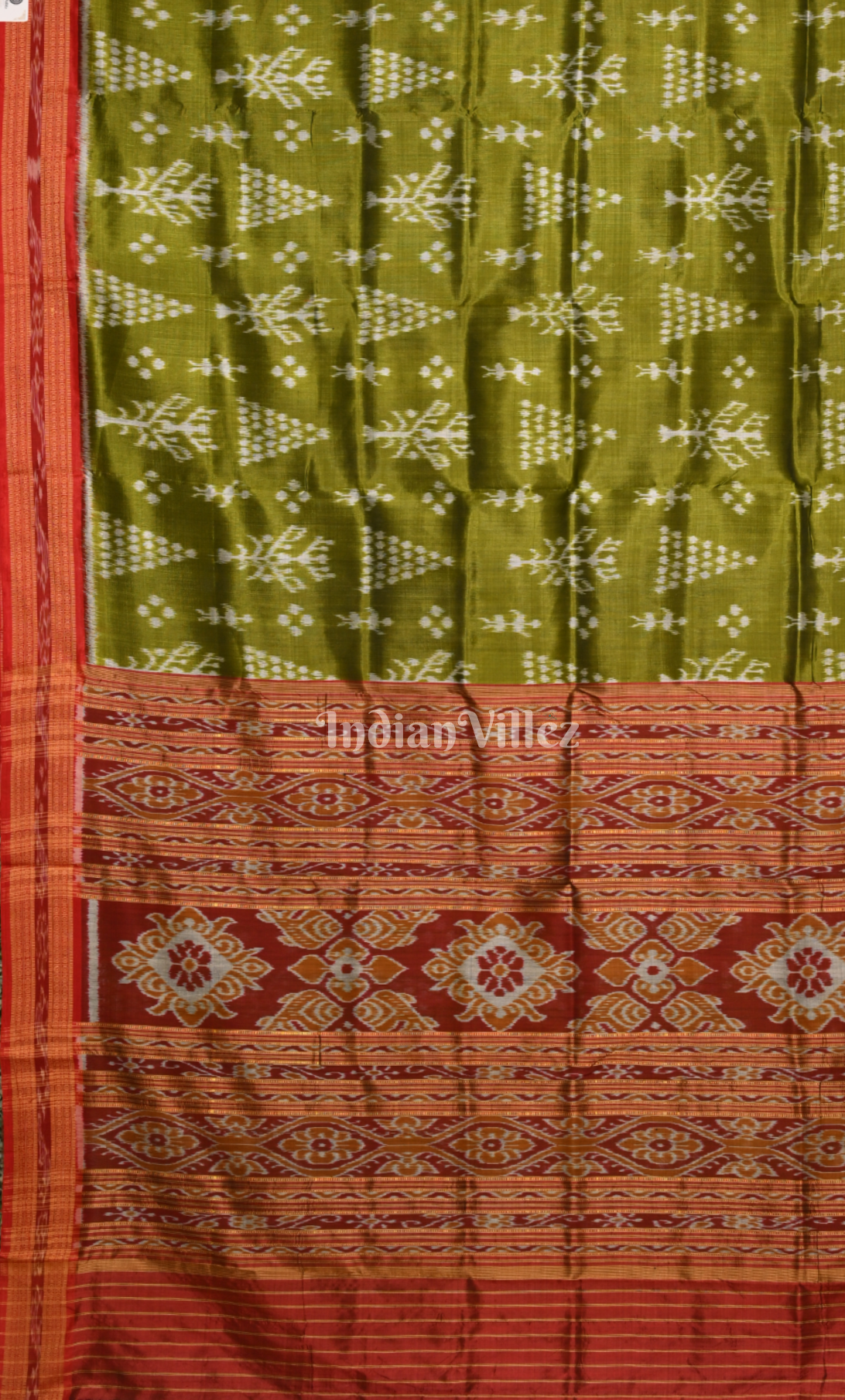 Mehendi Green Red Tribal Design Odisha Ikat Khandua Silk Saree 