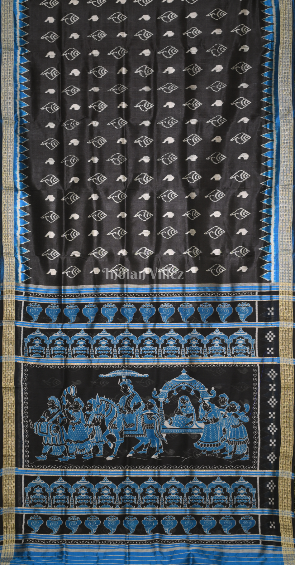 Black Blue Sankha Motif Odisha Ikat Sambalpuri Silk Saree with Doli Barat Pallu