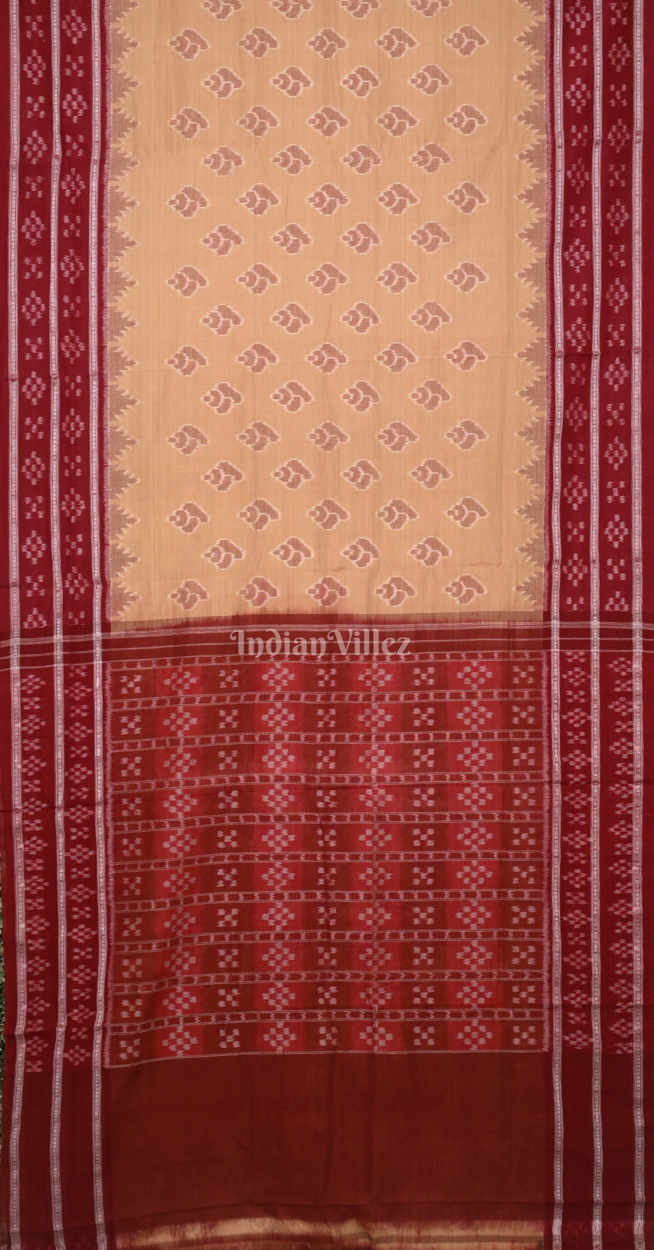 Beige Maroon  Sankha Motif Double Pasapali Border Sambalpuri Cotton Saree
