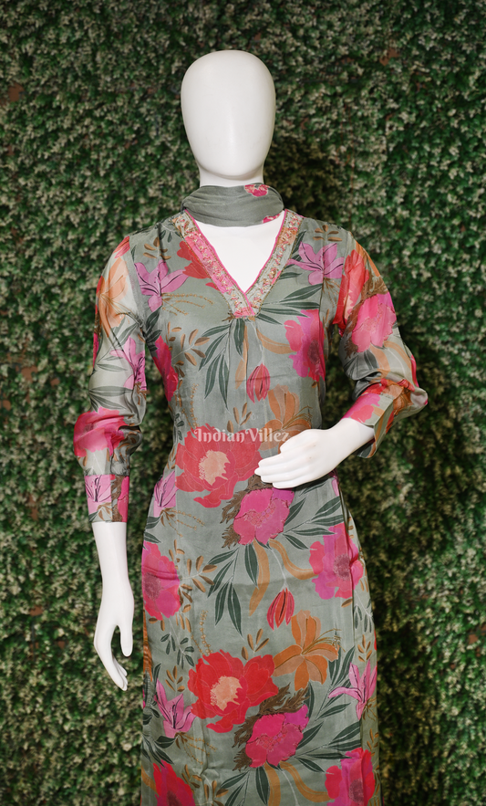 Grey with Multi Colour Floral Embroidered  Kurta Pant with Dupatta Set 