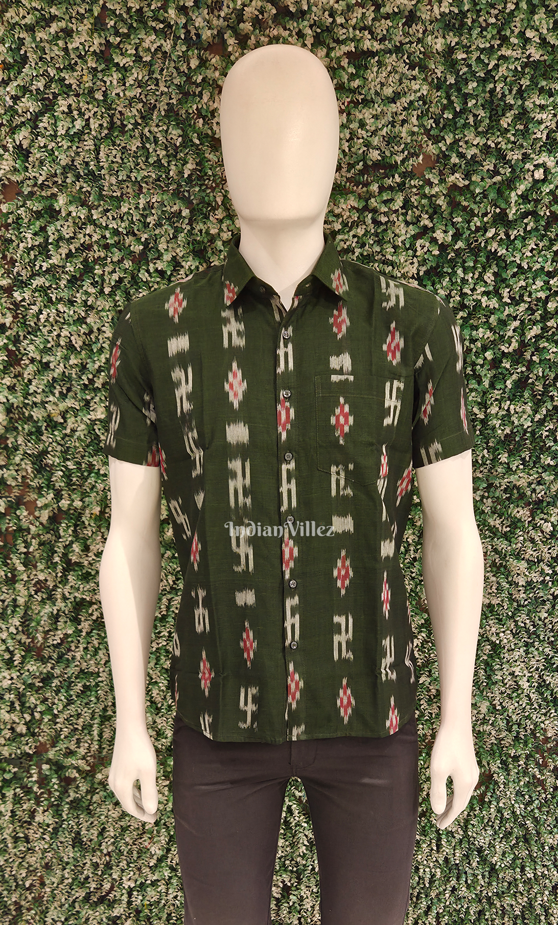 Green Swastik Odisha Ikat Cotton Half Sleeve Shirt for Men 