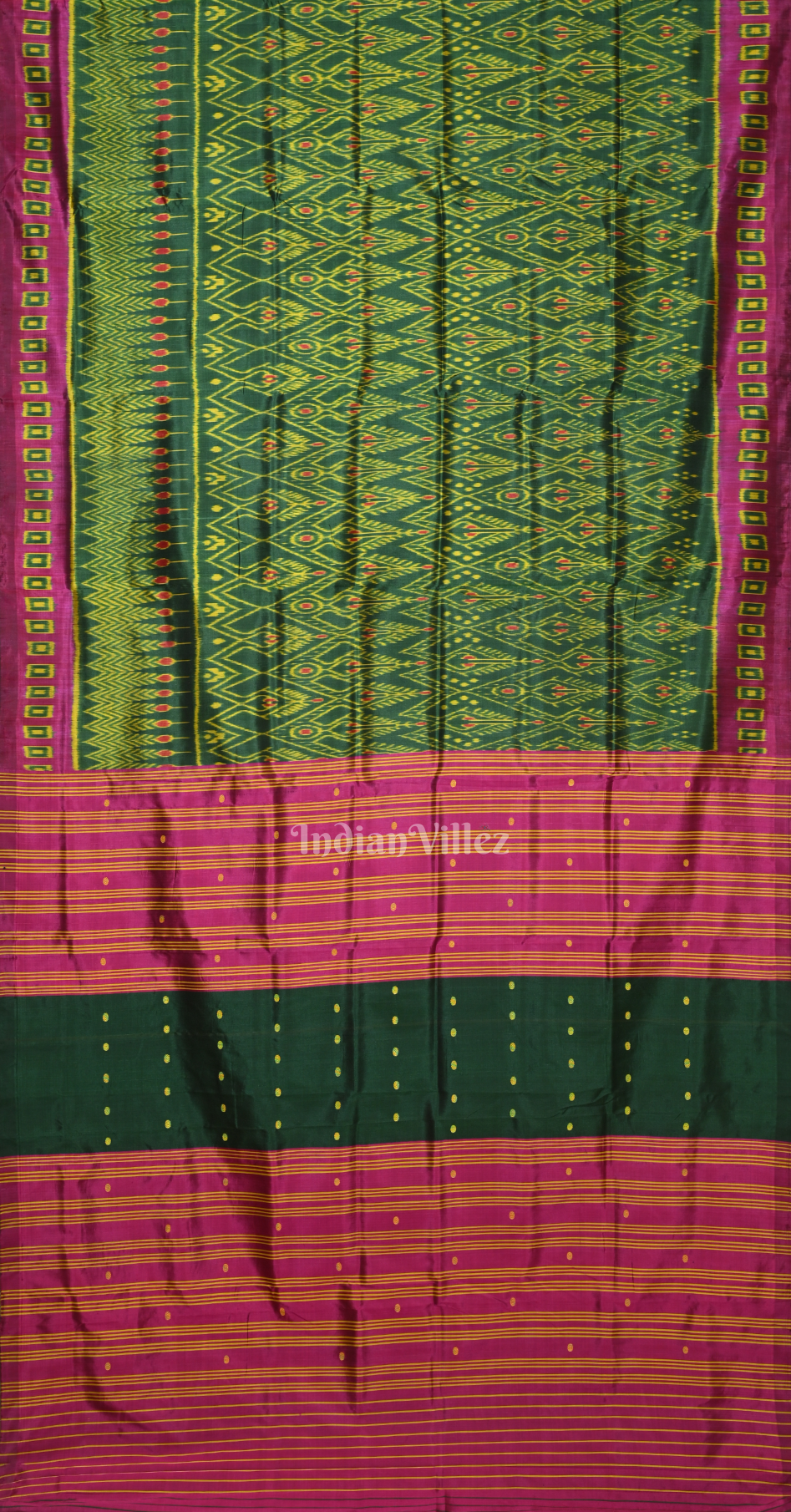 Green Magenta Pink Cambodian Ikat Contemporary Designer Silk Saree 