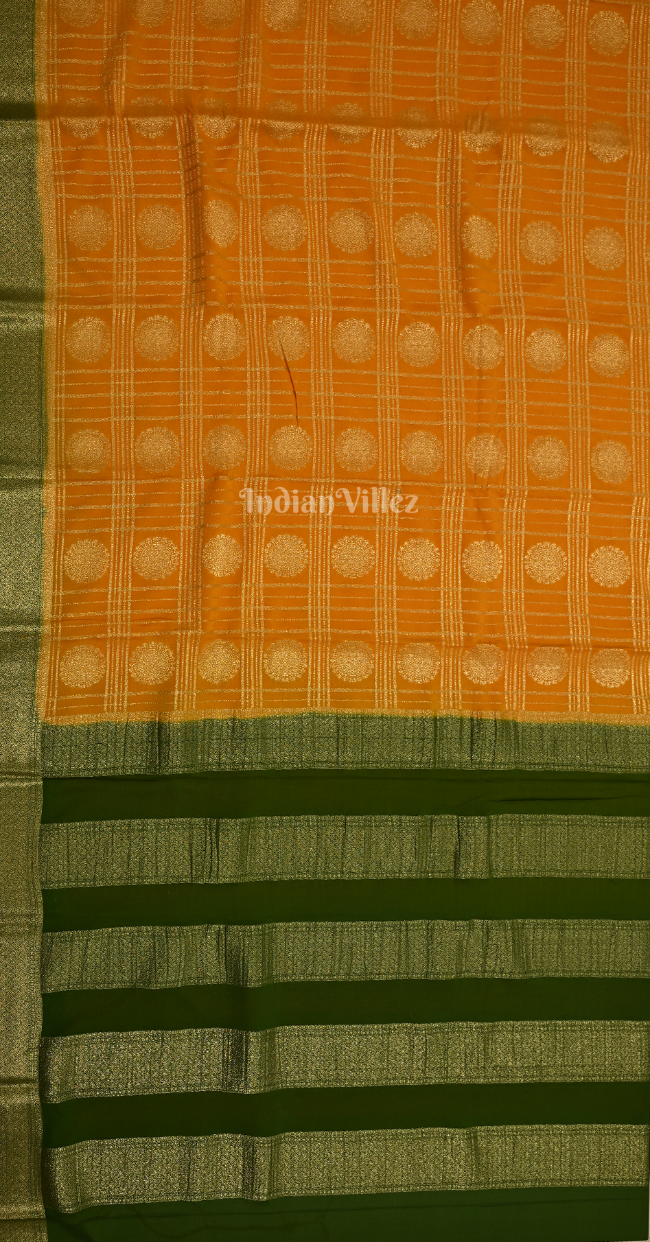 Mustard Yellow Green Checks Buta Pure Crepe Kanjivaram Silk Saree