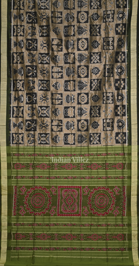 Mashroom Brown Green Nabakothi Odisha Ikat Sambalpuri Silk Saree