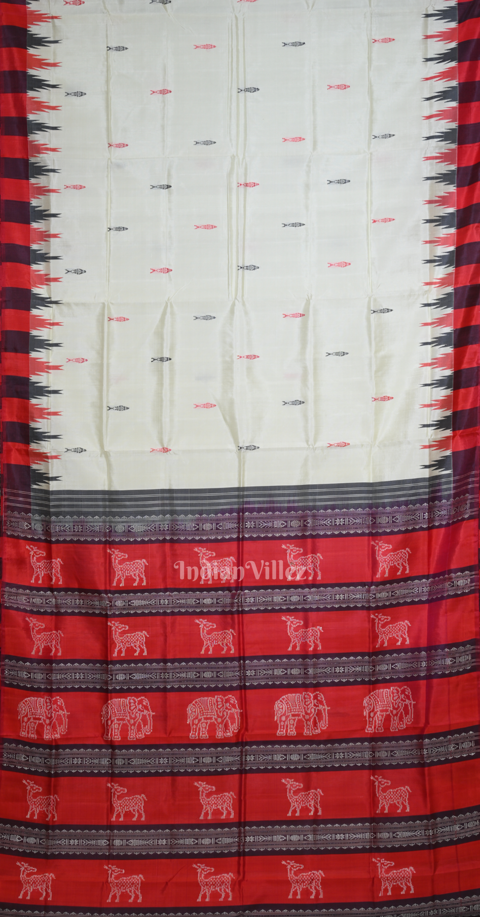 White Red Black Fish Motif Double Pallu Berhampuri Silk Saree